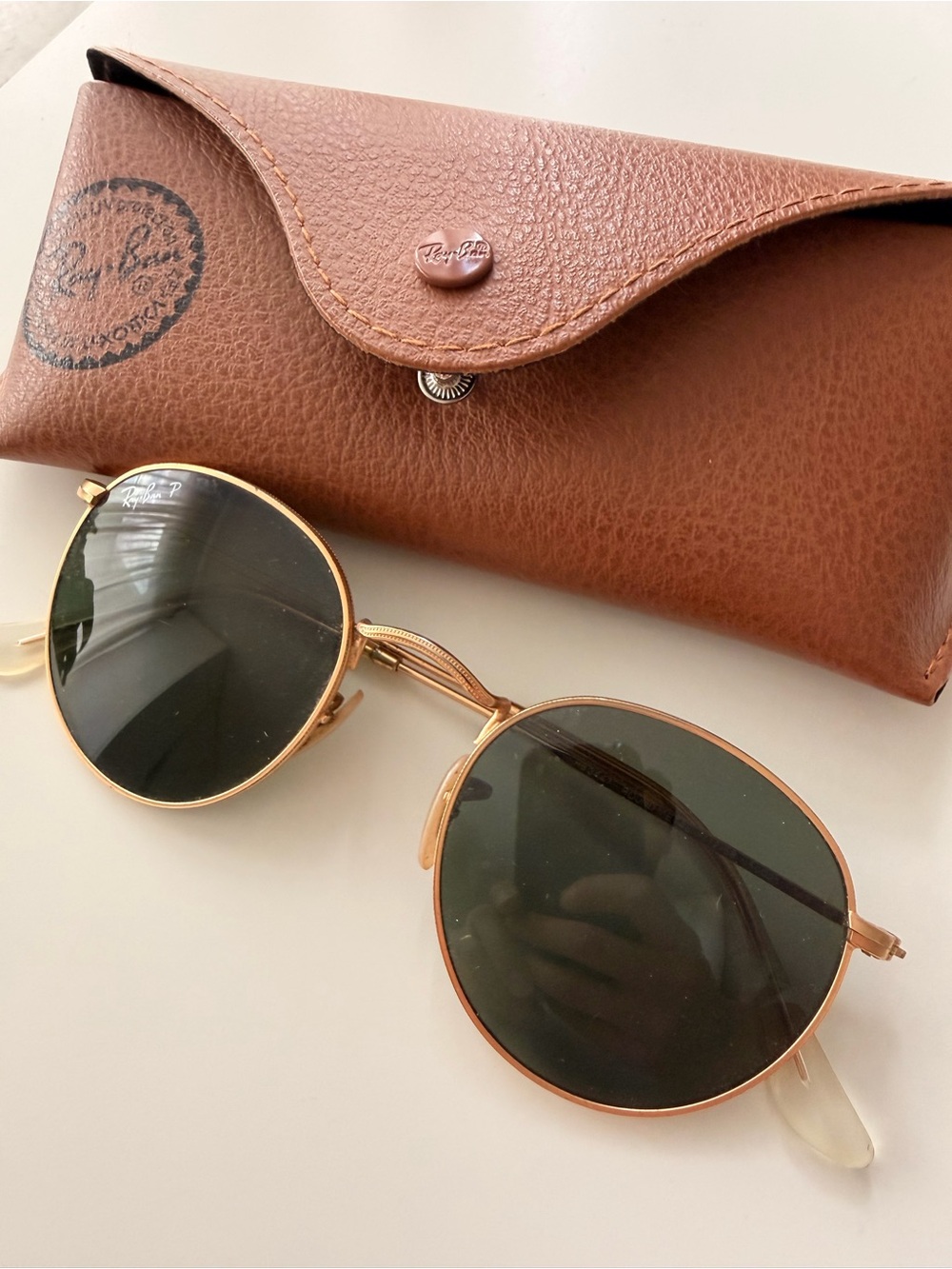 Ray-Ban Gold Frame Sunglasses with Dark Green Lenses - Polarized